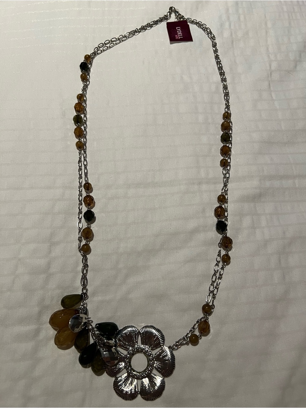 Silver Floral Pendant Necklace with Amber and Olive Beads
